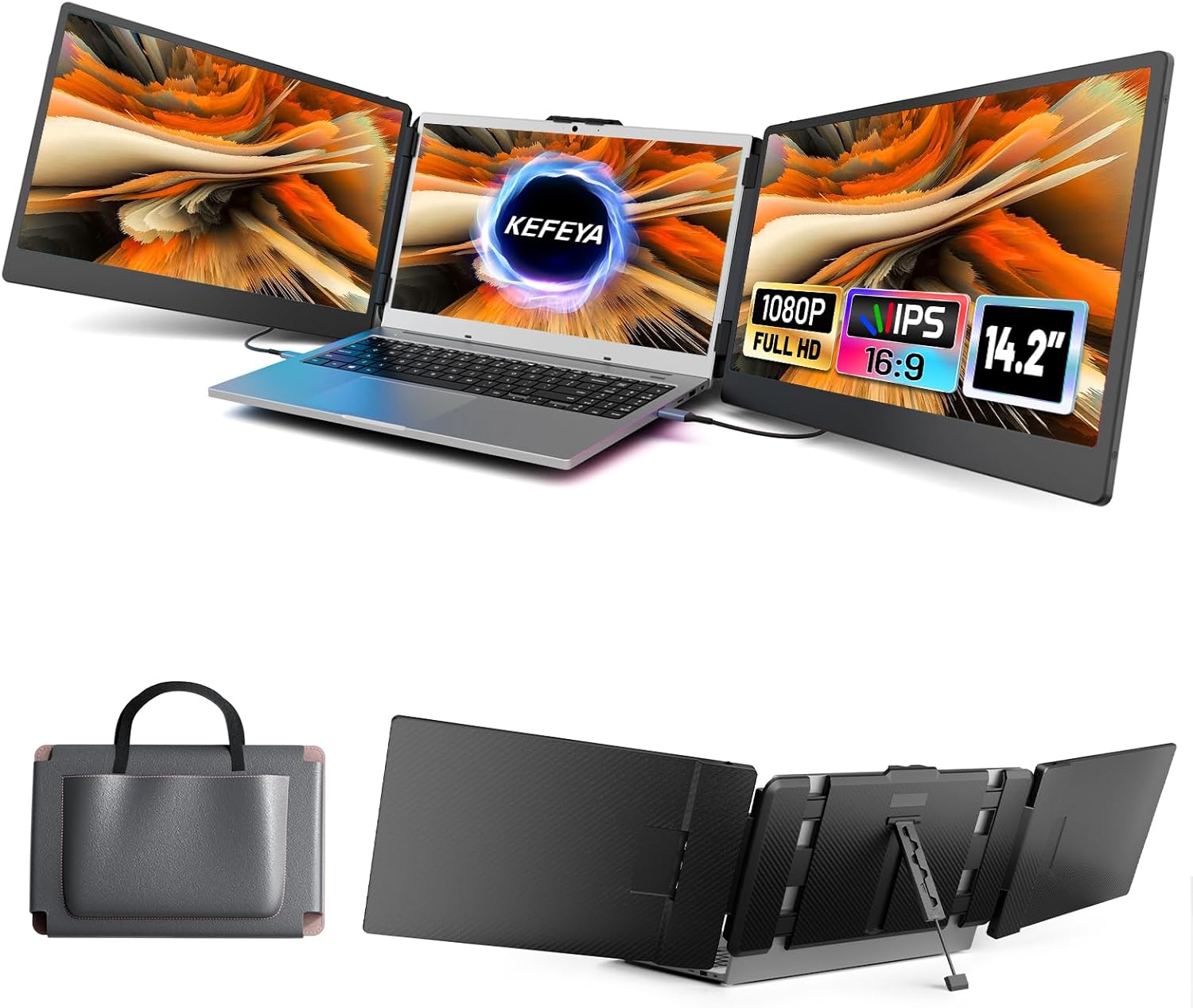 KEFEYA Laptop Screen Extender, 14.2' Portable Triple Monitor for Laptop with Full HD IPS Display, Monitor Extender Compatible with Mac, Windows, Chrome, Fits 13-17 Inch Laptops