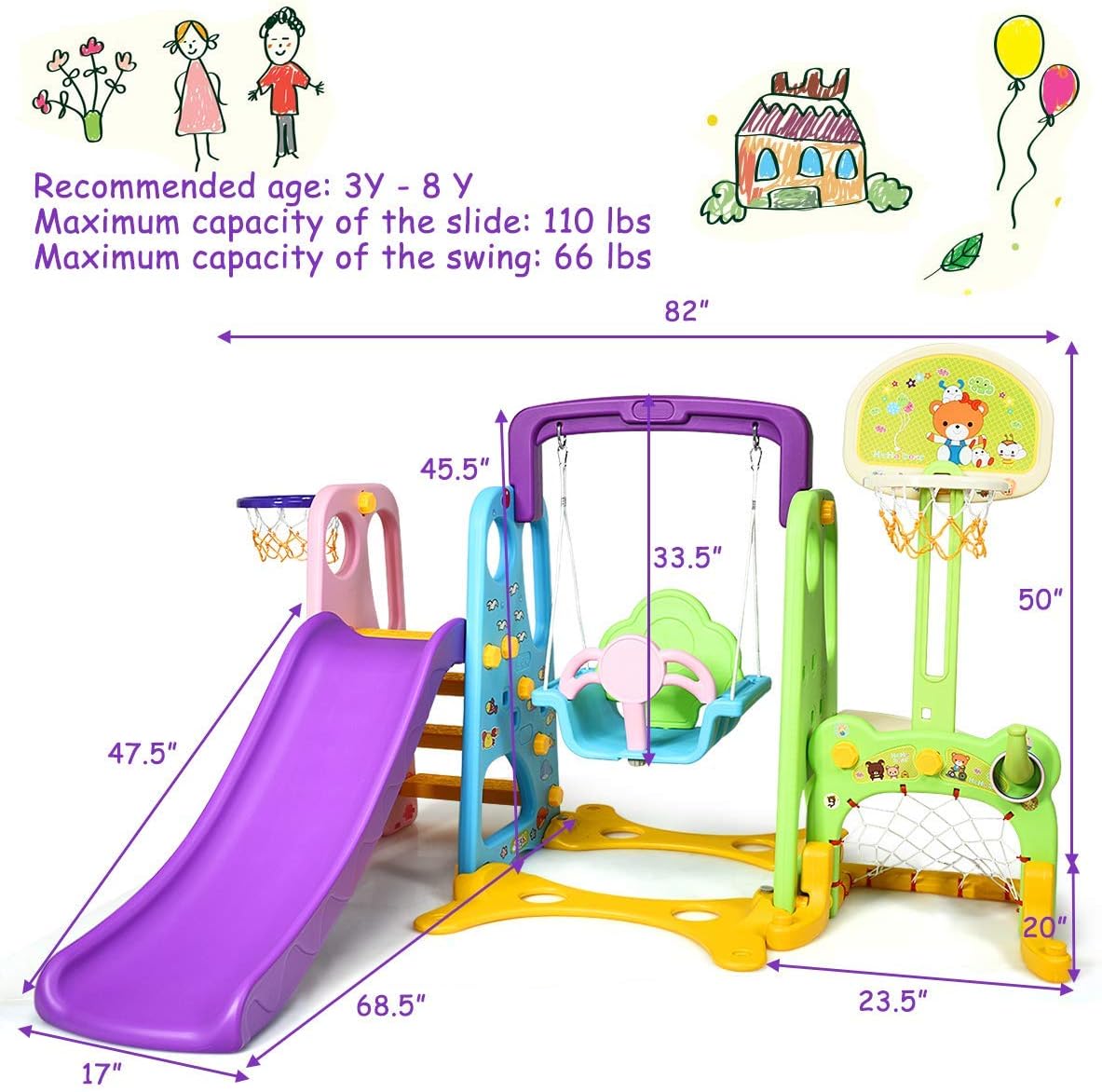 Costzon 6 in 1 Toddler Slide and Swing Set, Kids Large Climber Slide Playset with Basketball Hoop and Football Gate, Playground Swing Set for Indoor Outdoor Backyard 3-10 Gifts Presents