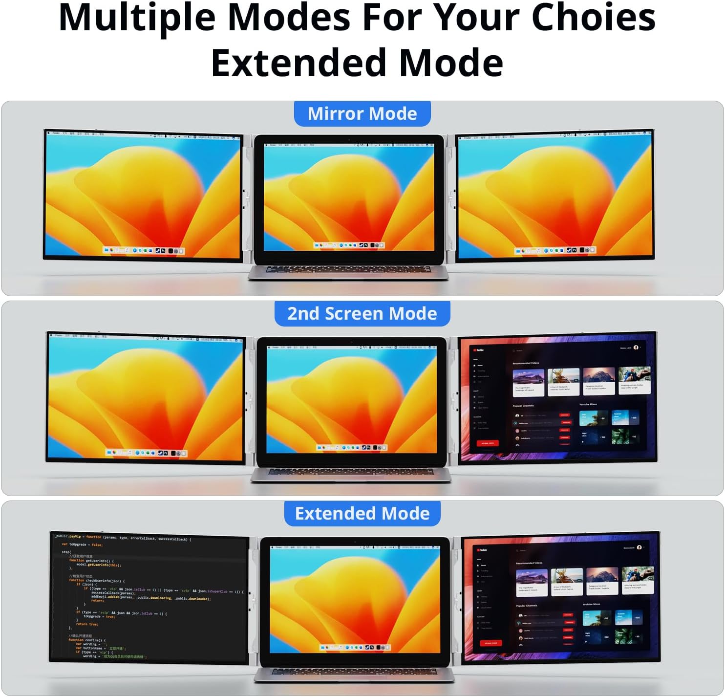 AYY Laptop Screen Extender, 14' FHD 1200P Portable Triple Monitor for 13'-17' Laptops, Aluminum Alloy Stand, Compatible with MacOS/Windows/Chrome