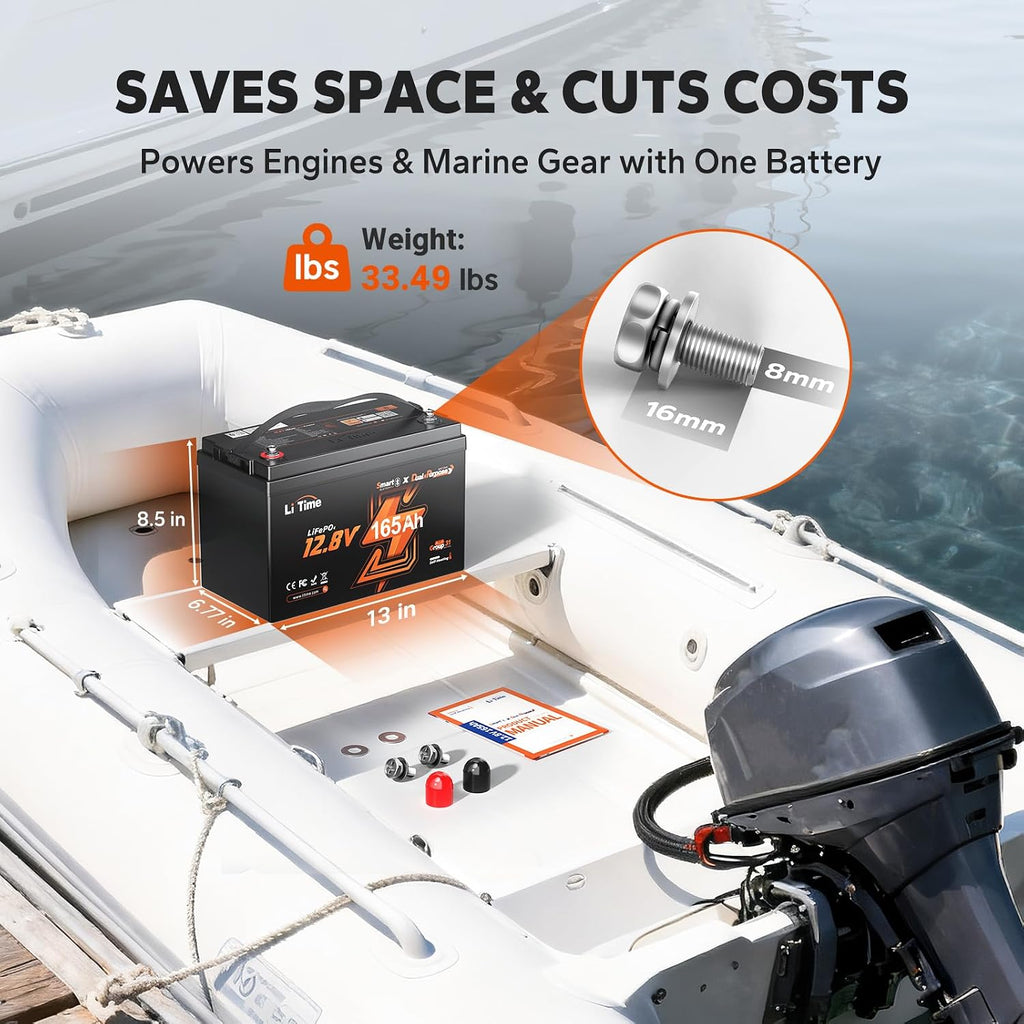 LiTime 12V 165Ah Dual Purpose Lithium Marine Starting & Storage Battery (1200CCA), Group 31 Deep Cycle LiFePO4 Cranking Battery for Boat, Compatible with Yamaha, Mercury, Honda, Suzuki, Evinrude