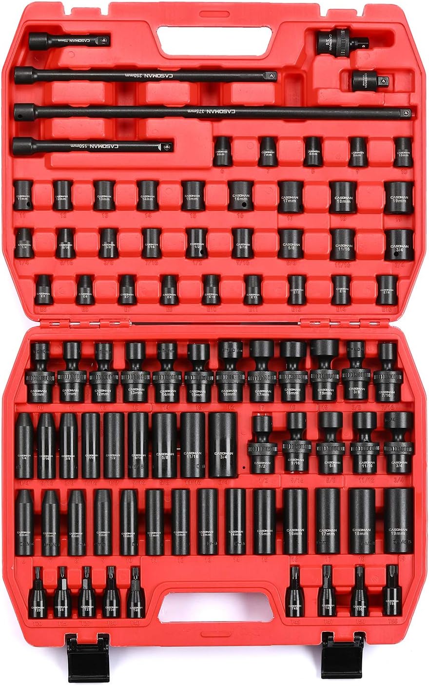 CASOMAN 87PCS 3/8' Drive Master Impact Socket Set, SAE & Metric Standard, Deep, Swivel Sockets,Cr-MO Steel, Includes Star and Inverted Star Socket, Impact Universal Joint, Extension Bars
