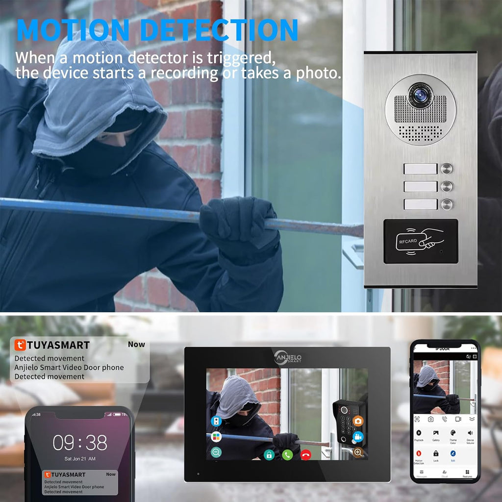 Wired Apartment Video Intercom System,1080P HD Video Doorbell,Compatible with 3 Units 7-inch Touchscreen,Supports Motion Detection,Two-Way Audio,Tuya Smart Home