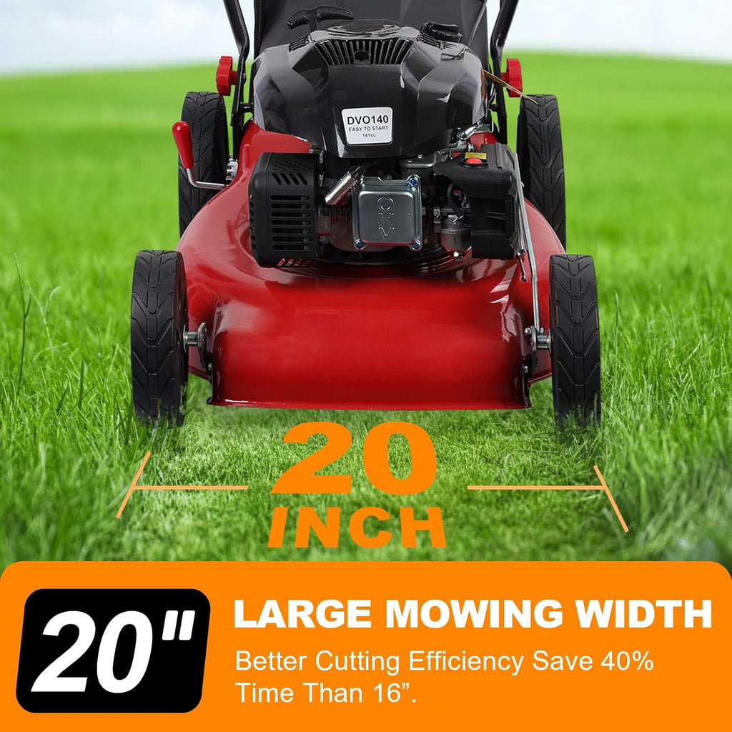 3 in 1 Gas Lawn Mower Self Propelled,141cc OHV Engine with Air Cooling, 20' Steel Deck, 8-Level Height Adjustment, 50L Grass Tank, Foldable Design Red