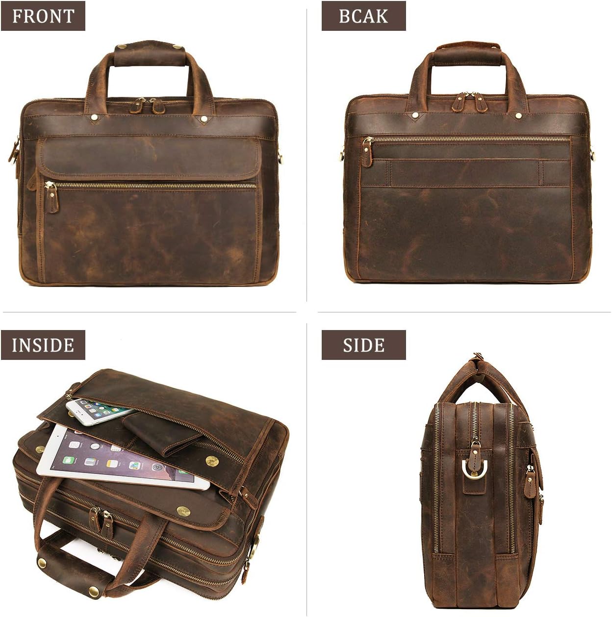 Augus Leather Briefcase for Men 15.6 Inch Laptop Bag Business Travel Large Capacity With Trolley Sleeve YKK Metal Zipper, Brown