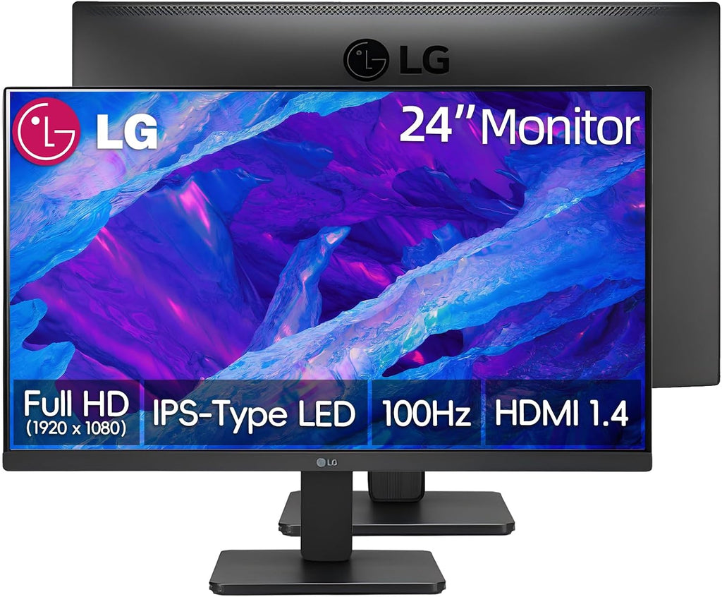 LG 24 inch IPS LCD FHD (1920 x 1080) Monitor, 16:9-100Hz, AMD FreeSync, Tilt and VESA, Low Blue Light, Flicker Safe, HDMI & VGA, 5ms Response Time, Matte Black