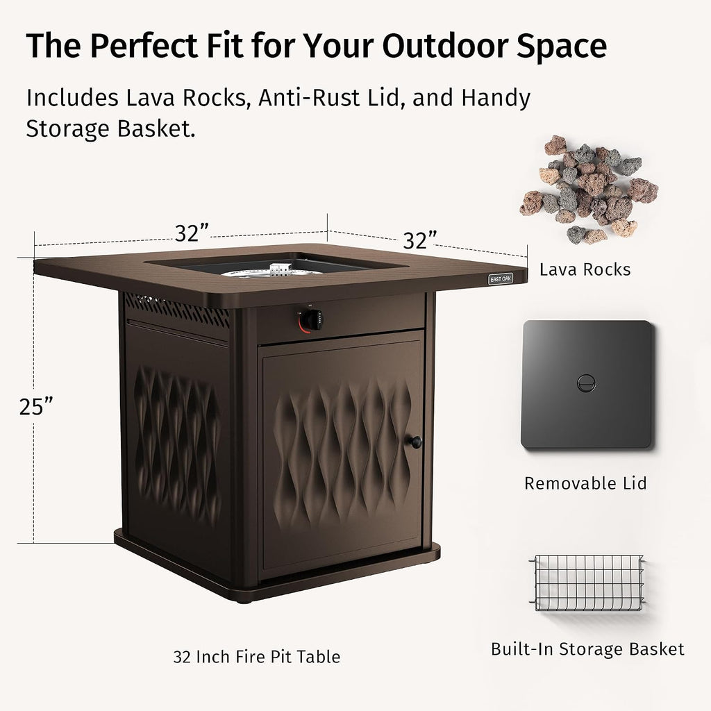 East Oak 32' Outdoor Propane Fire Pit Table | 50,000 BTU Gas Fire Pit Table for Outside with Magnetic Lid | Storage Basket & Lava Rocks | CSA Certified for Patio, Garden & Backyard | Brown