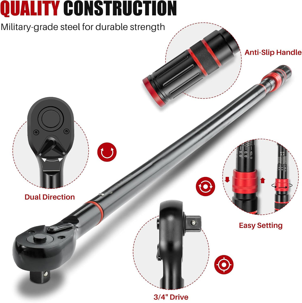 3/4-Inch Drive Click Torque Wrench - 100-700 Ft-Lb/136-949Nm, Dual-Direction Adjustable 48 Tooth Inch Pound Torque Wrench, Accuracy 3% for Car, Truck, Tractor, Maintenance and Product Assembly