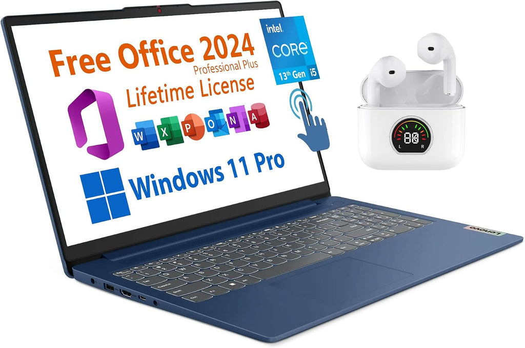 Lenovo 15.6' Laptop, Free Microsoft Office 2025 with Lifetime License, Touchscreen FHD, Intel 10-Core i5-1335U 4.6 GHz, 8GB RAM, 256GB SSD, WiFi 6, 7 hrs Battery Life, Windows 11 Pro, Toree Earbuds