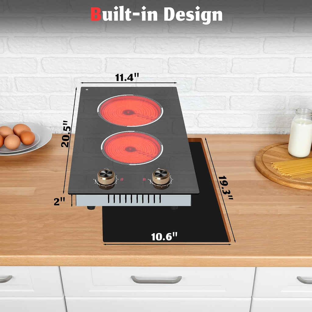 2 Burner Electric Cooktop, Built-in & Countertop Electric Stovetop 12 Inch, Ceramic Cook Top with Knob Control, 9 Power Levels Setting, Over-Temperature Protection, 110V - 120V Plug in