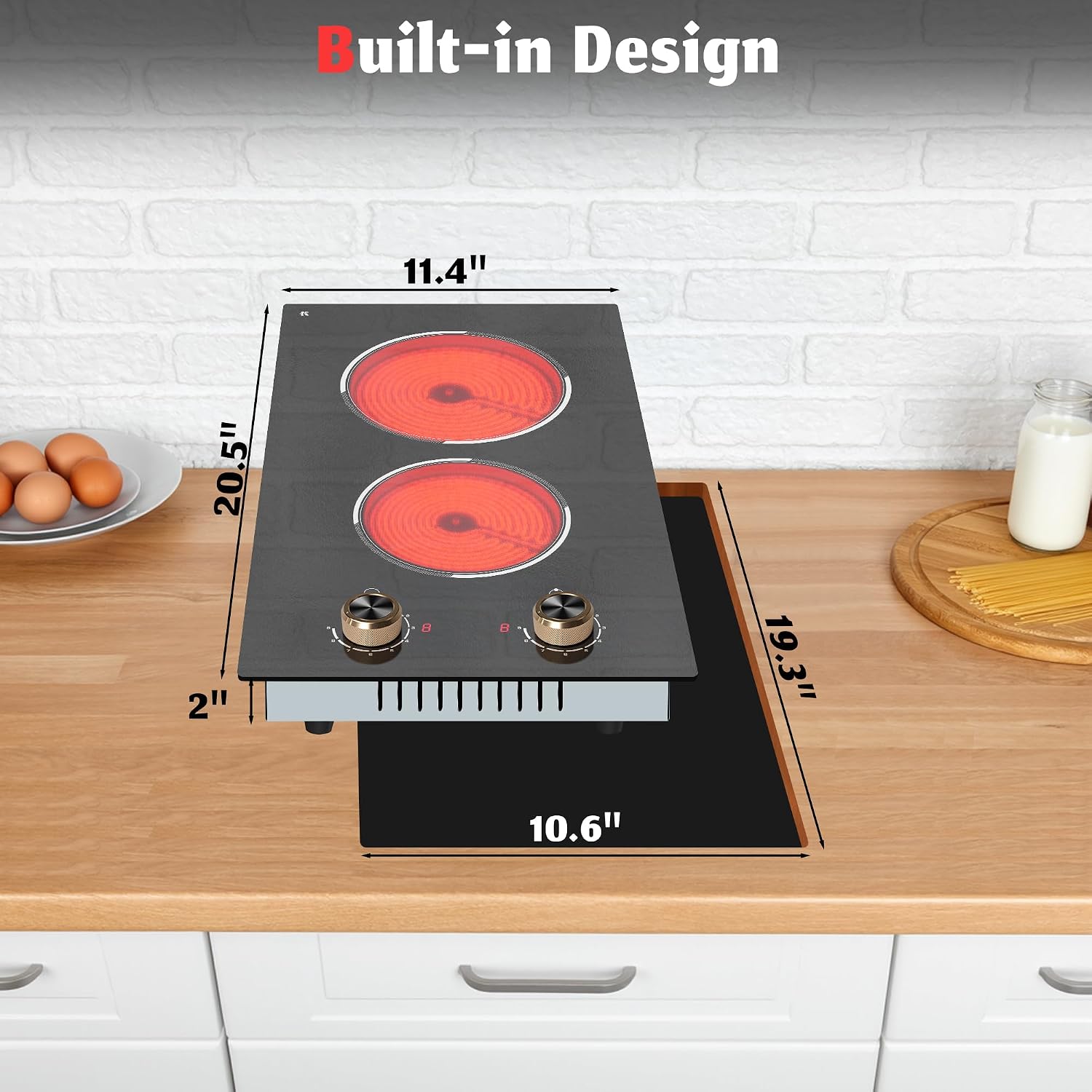 2 Burner Electric Cooktop, Built-in & Countertop Electric Stovetop 12 Inch, Ceramic Cook Top with Knob Control, 9 Power Levels Setting, Over-Temperature Protection, 110V - 120V Plug in