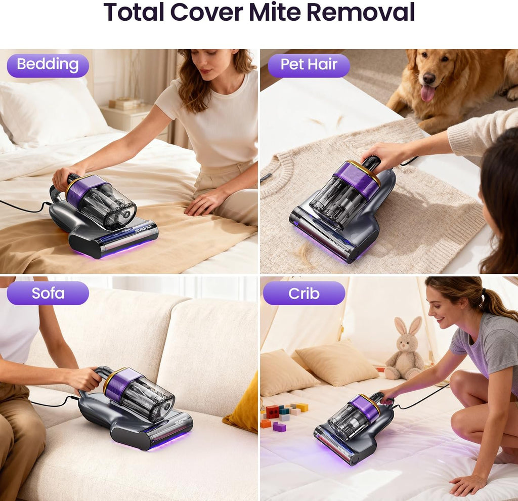 Bed Vacuum Cleaner, Mattress Vacuum with 2 Roller Brushes 253.7nm UV-C Light & Ultrasonic,145°F Heat, HEPA Filter, 18kPa Suction 650W Powerful Handheld Vacuums for Dust & Pet Hair(Corded)