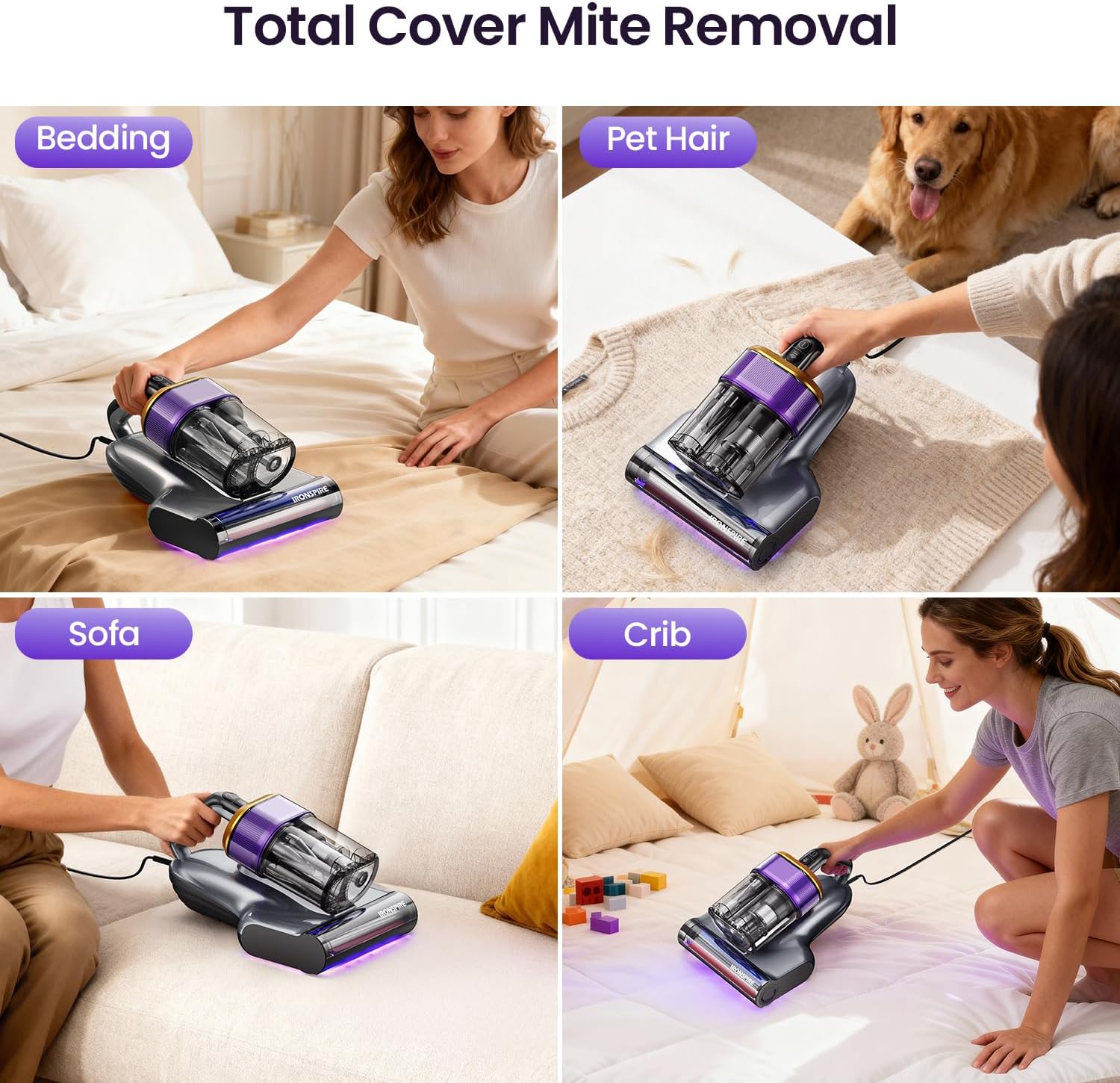 Bed Vacuum Cleaner, Mattress Vacuum with 2 Roller Brushes 253.7nm UV-C Light & Ultrasonic,145°F Heat, HEPA Filter, 18kPa Suction 650W Powerful Handheld Vacuums for Dust & Pet Hair(Corded)