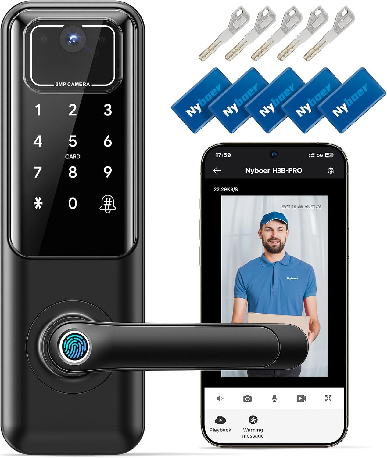 WiFi Video Smart Door Lock with Camera & Doorbell, Keyless Entry Fingerprint Lock with Handle for Front Door, Nyboer Keypad Electronic Digital with Rechargeable Lithium Battery, Easy Installation
