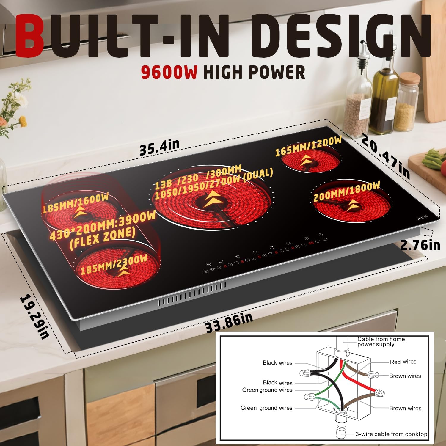 Hobsir Electric Cooktop 36 Inch, Electric Stove Top Burner, 5 Burners 36 Cooktop, 9600W Drop-in Ceramic Stove with Glass Metal Frame, Triple Ring, Flex Zone, 220-240V, Hard Wired (No Plug)