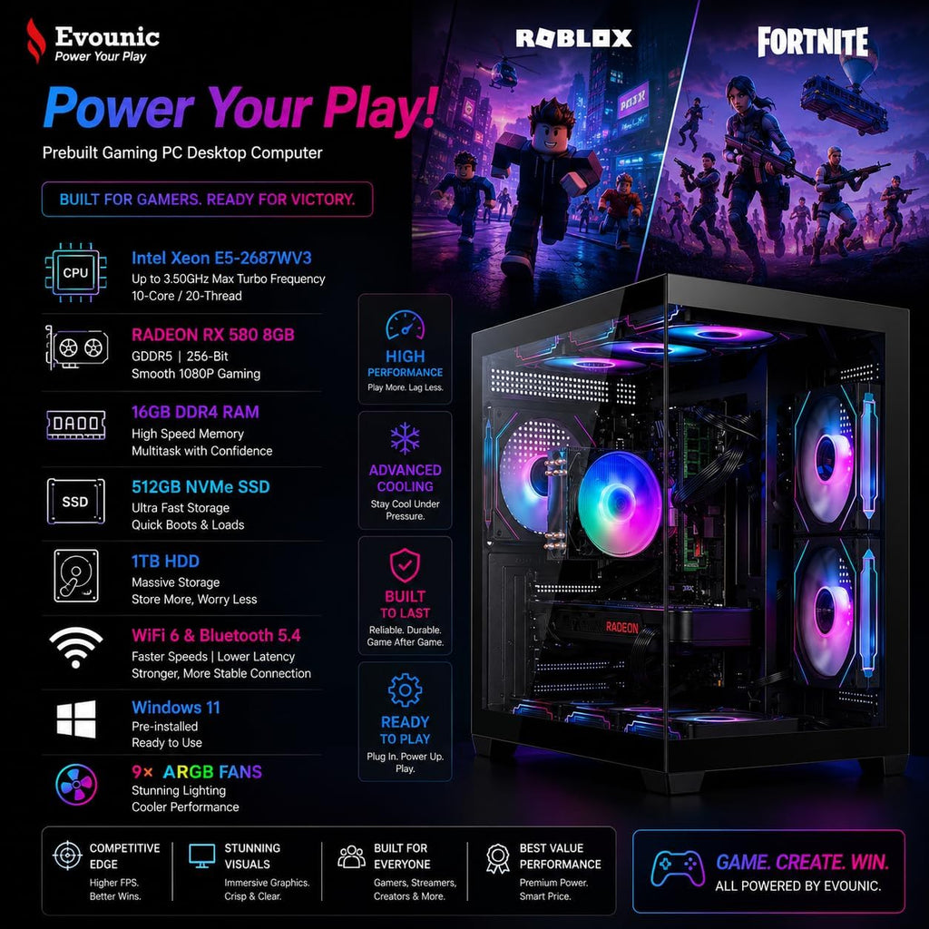 Gaming PC Computer Desktop – i7 Xeon E5 3.20GHz, Radeon RX580 8GB, 16GB RAM, 512GB SSD + 1TB HDD, WiFi 6 & Bluetooth 5.4, 9× ARGB Fans, Windows 11Pro, High-Performance Gaming Tower