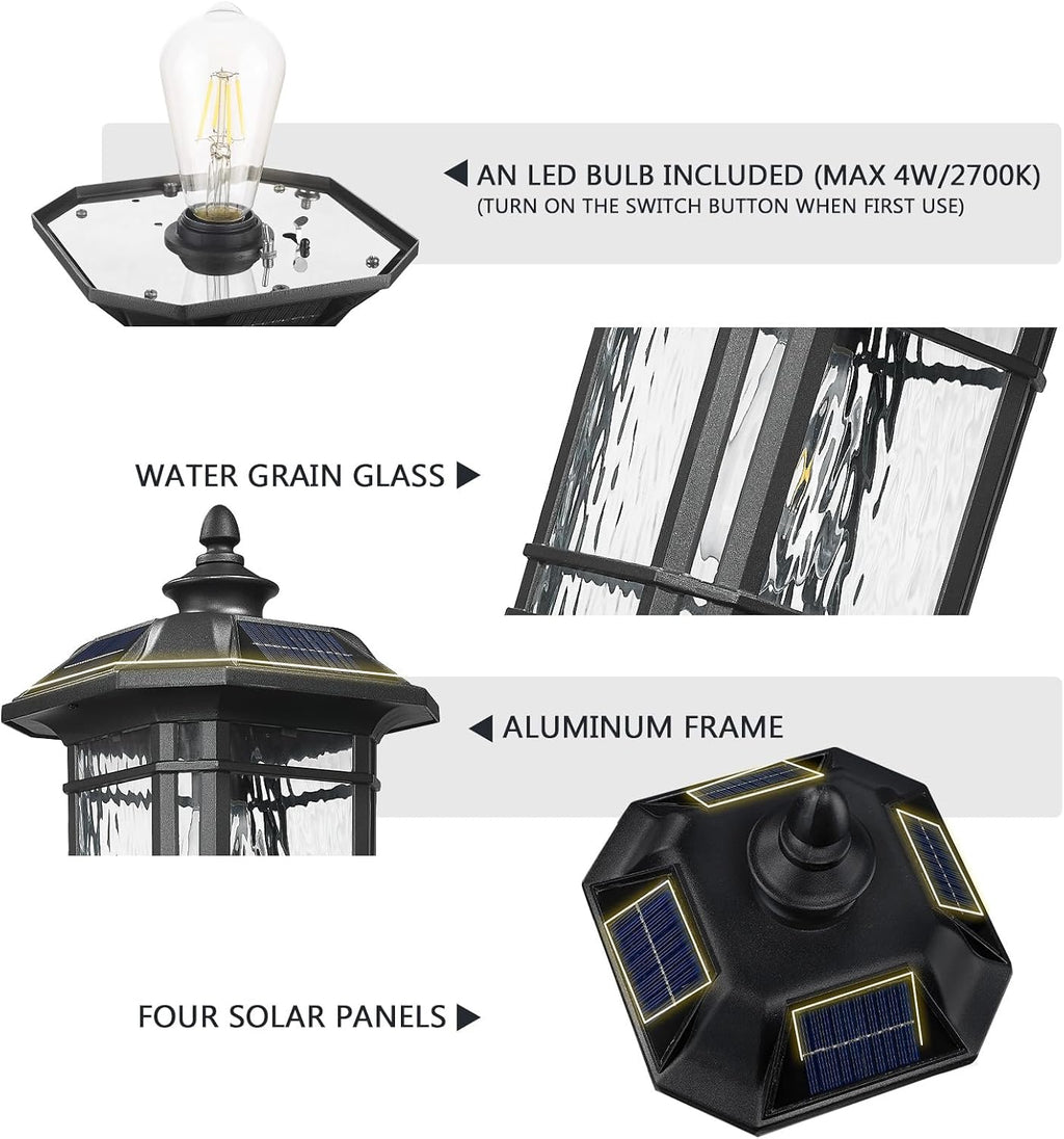 Emliviar 20.5' Solar Post Light Outdoor, Large Black Solar Column Light Head with Remote Control, LED Exterior Fence Lamp with Water Grain Glass, 22021MP-SL BK