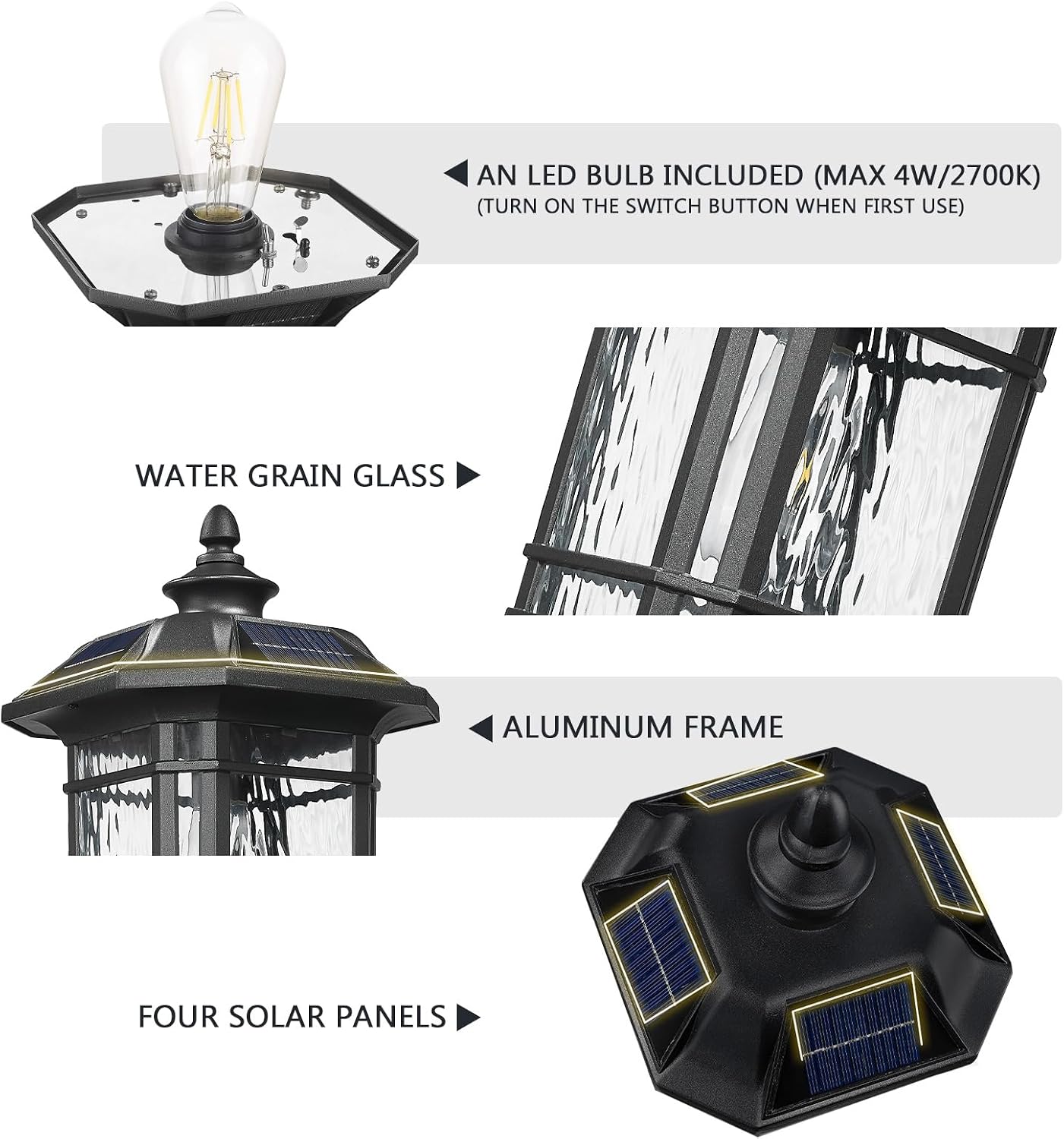 Emliviar 20.5' Solar Post Light Outdoor, Large Black Solar Column Light Head with Remote Control, LED Exterior Fence Lamp with Water Grain Glass, 22021MP-SL BK