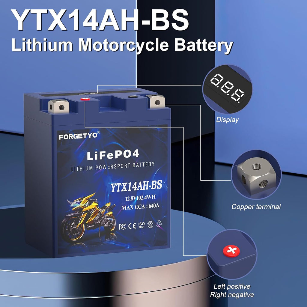 Lithium Motorcycle Battery, Forgetyo YTX14AH-BS 12V 8AH 640A LiFePO4 Lithium Battery, ATV, UTV, Jet Ski Battery