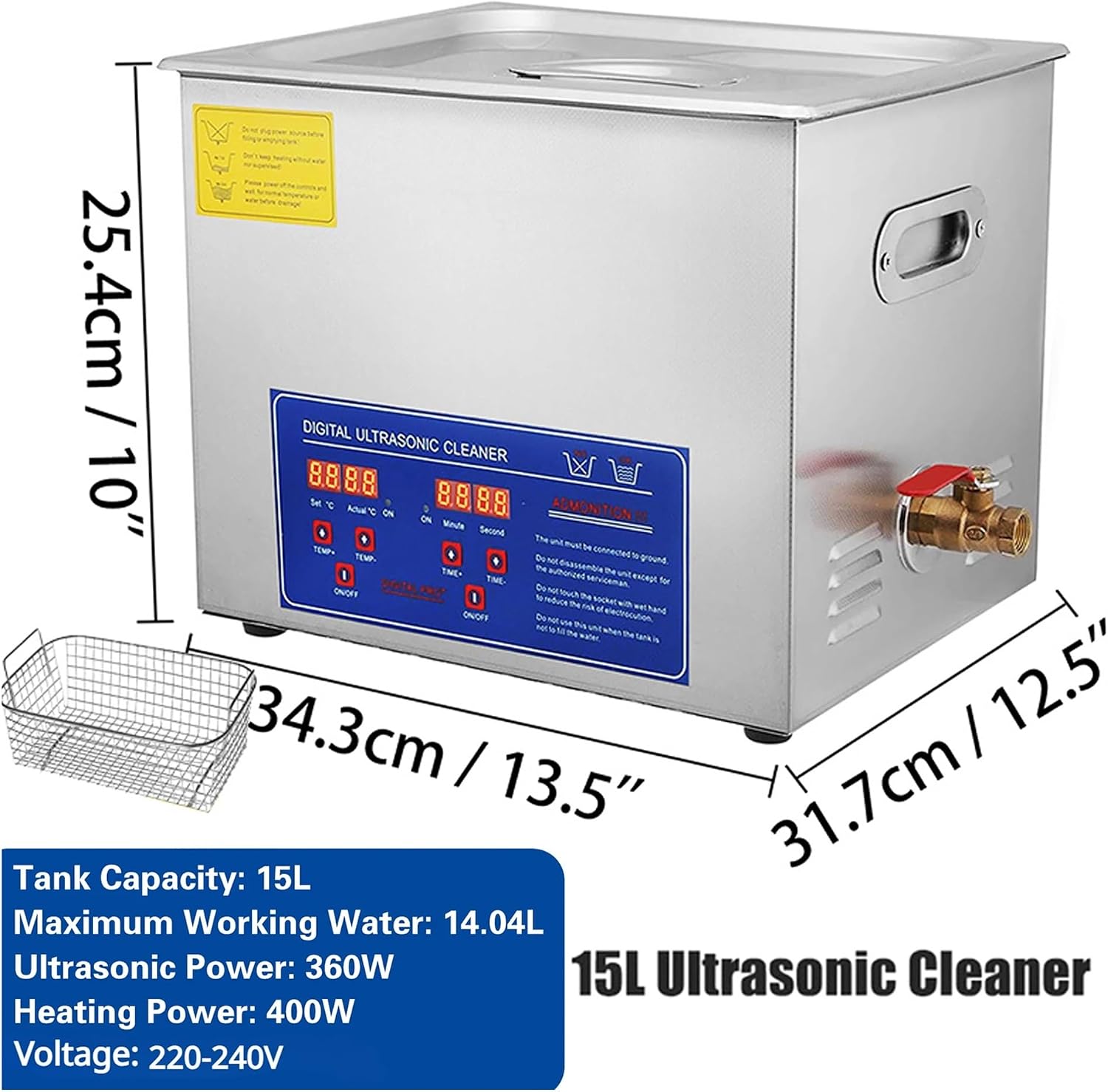 2/3/6/10/15/30L Ultrasonic Cleaner with Digital Timer and Heater, Stainless Steel, Ultrasonic Washing Machine Home Appliance (15L)