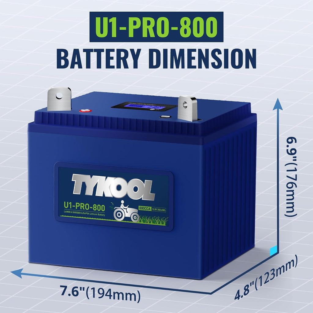 TYKOOL U1-Pro-800, 28Ah Lithium Lawn Mower Battery Group U1, 800A,Fits for John Deere, Cub Cadet, Craftsman Riding Mowers and Tractors,Generator, Digital SOC Display,IP66, Upgrade for 725-1707D, [+ -]