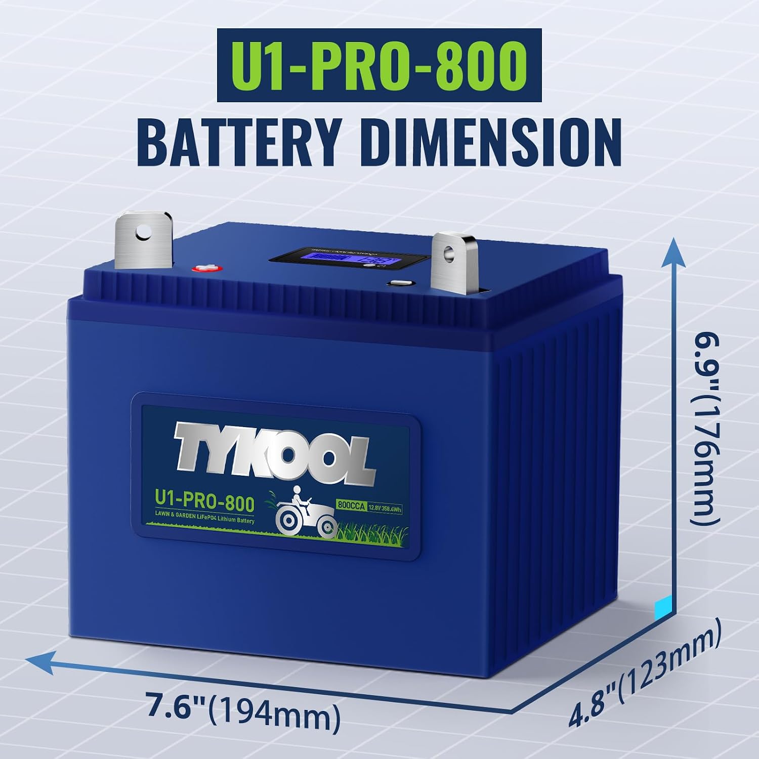 TYKOOL U1-Pro-800, 28Ah Lithium Lawn Mower Battery Group U1, 800A,Fits for John Deere, Cub Cadet, Craftsman Riding Mowers and Tractors,Generator, Digital SOC Display,IP66, Upgrade for 725-1707D, [+ -]