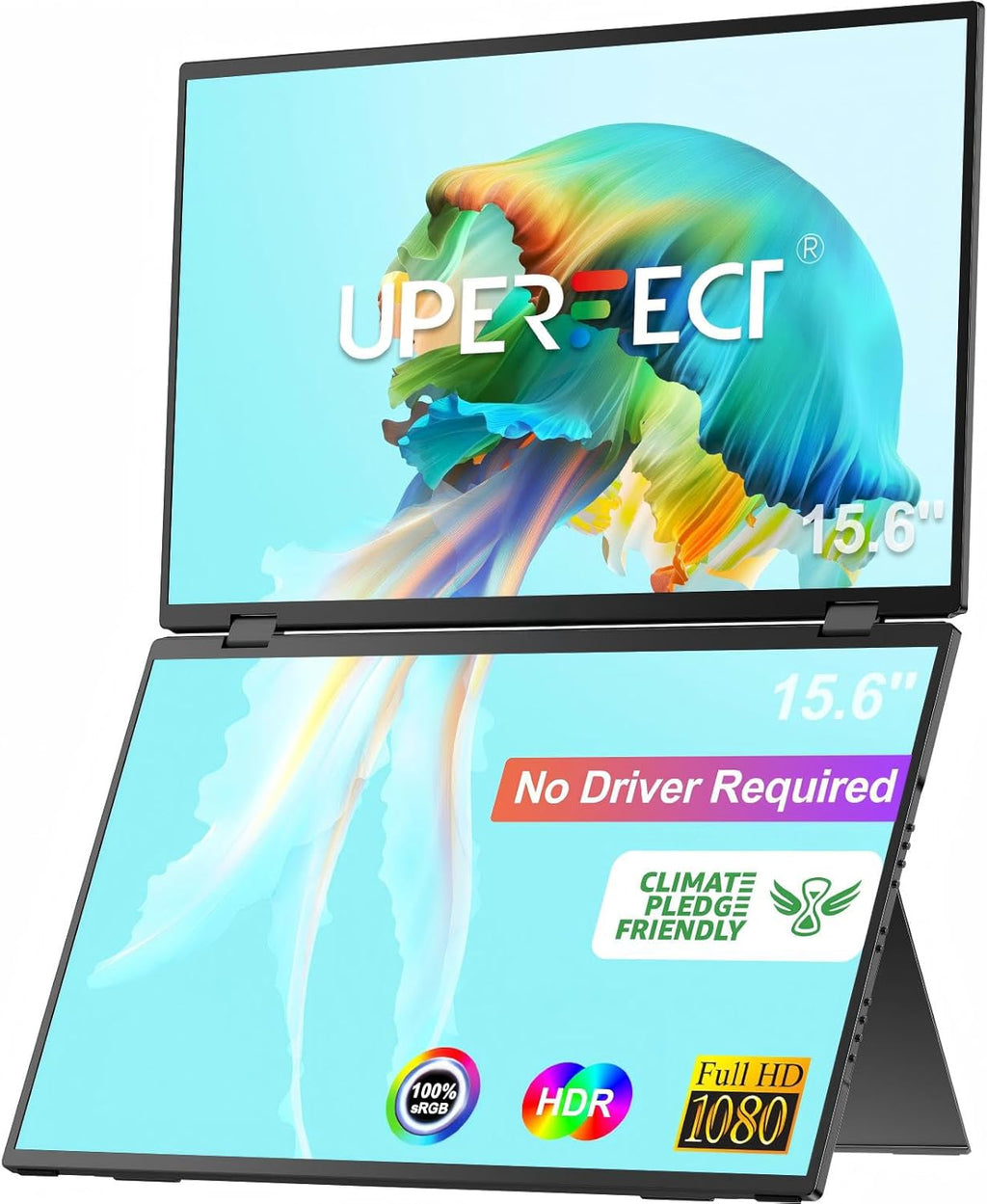 UPERFECT Delta 15.6' Dual Portable Monitor for Laptop Screen Extender 1080P HDR 360° Folding Stacked Triple Monitor with Stand for Laptop PC Phone Game Console (No Driver Needed)
