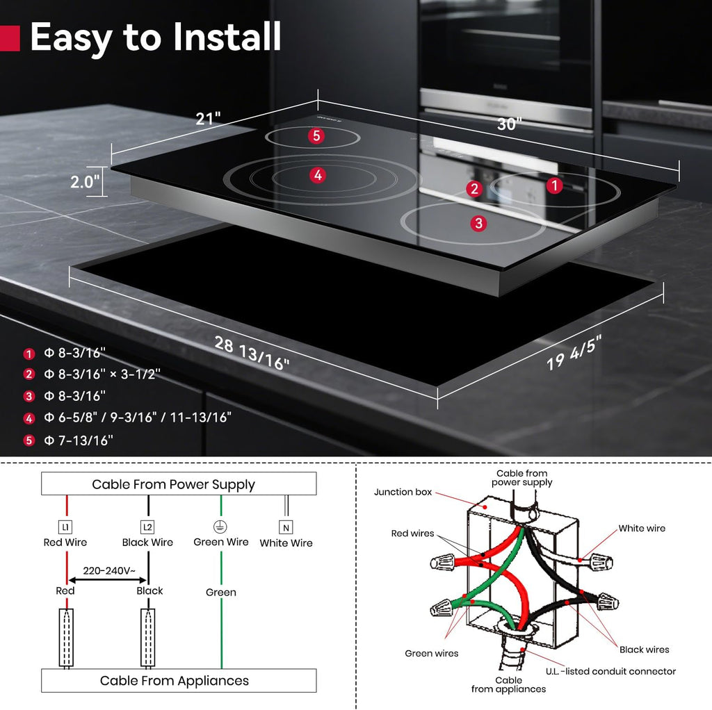 GASLAND 30 Inch Electric Cooktop, 4 Burners Radiant Glass Stove Top, ETL & FCC Certificated, Drop-in Ceramic Cooktop, Slide Touch Control, Child Safety Lock, Hot Surface Indicator, 220V, CH774BF34A
