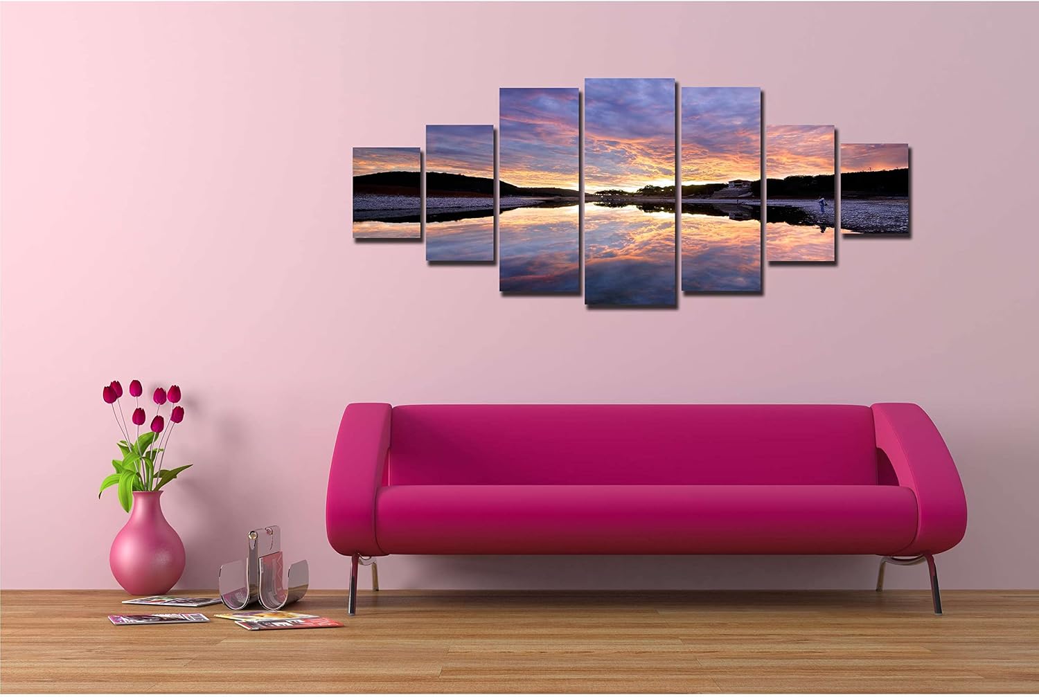Startonight Huge Canvas Wall Art - Purple Sunrise Over Water Large Modern Framed Set of 7 40' x 95'