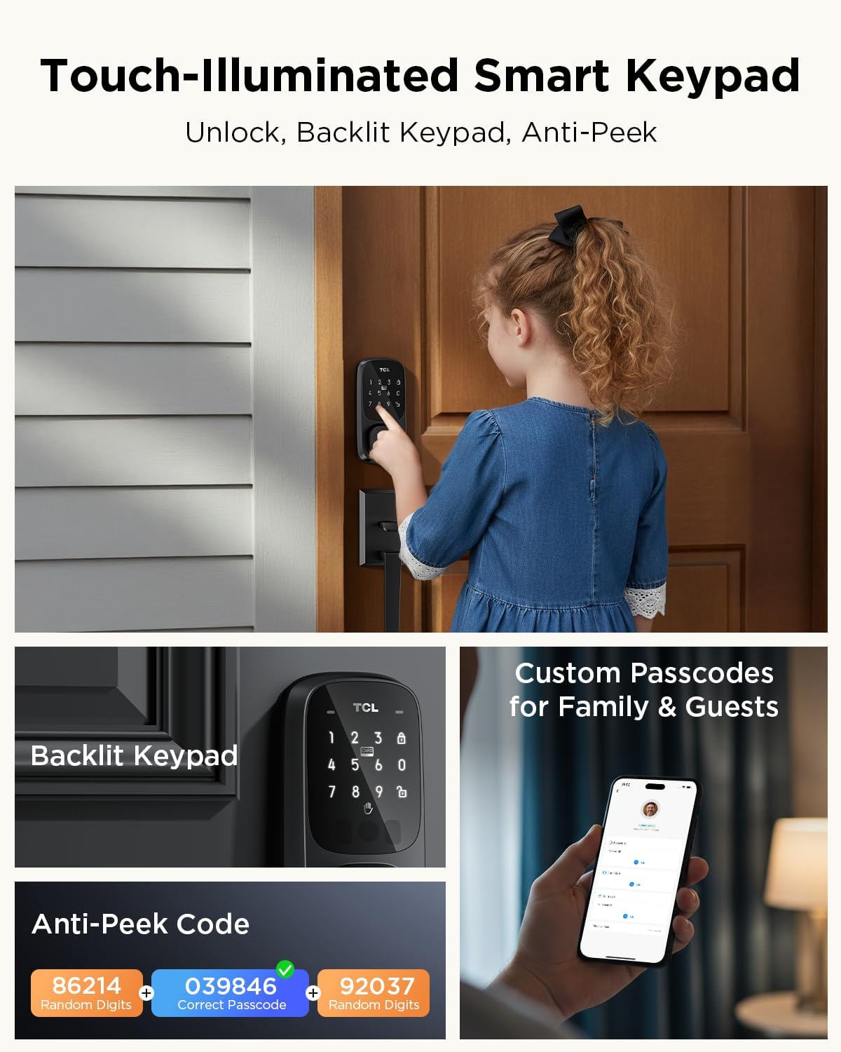TCL Palm Vein Smart Lock D1 Pro, Keyless Entry Door Lock for Front Door, Wi-Fi Keypad Deadbolt, App Control, Compatible with Alexa & Google Assistant, Rechargeable Battery
