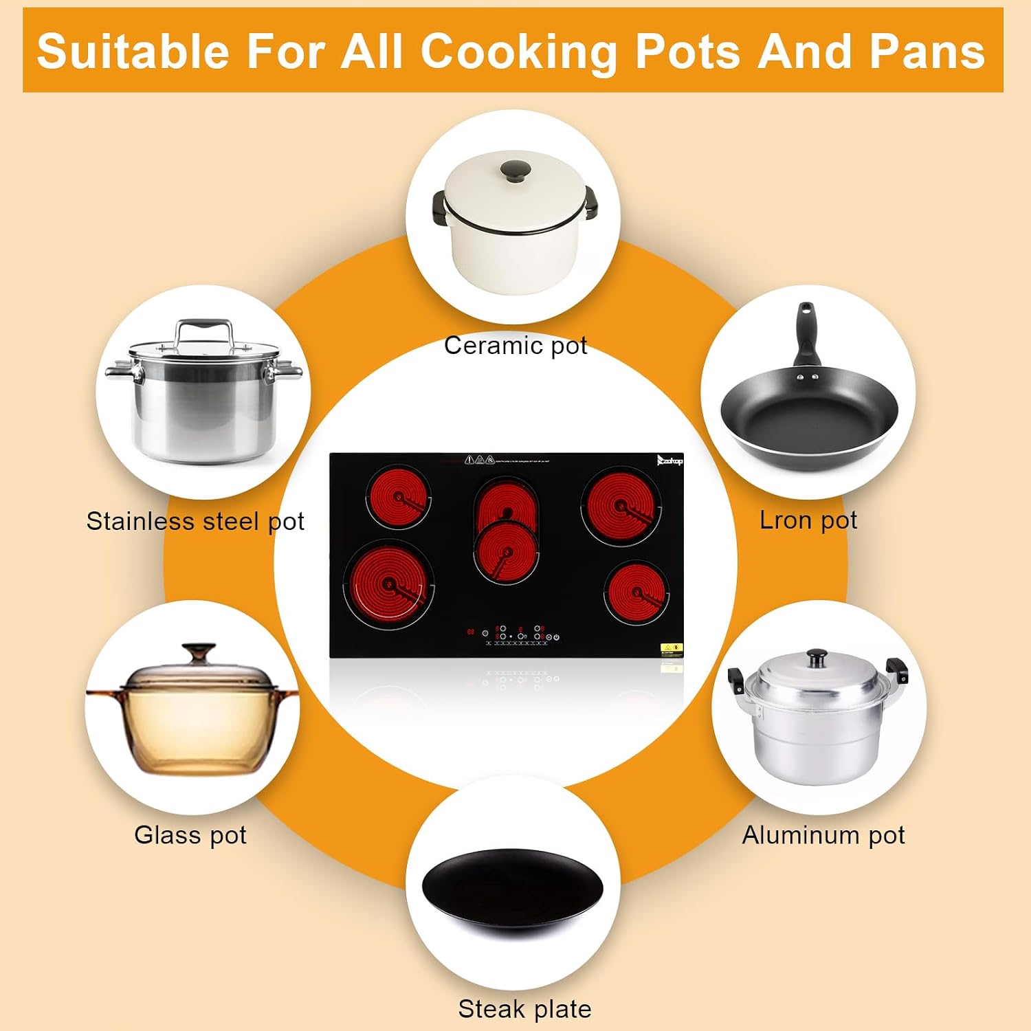 Winado 5 Burners Electric Ceramic Cooktop 35 inch, 220-240V Flat Top Stove, Multi-function Elecric Stovetop w/9 Heating Level, Timer & Kid Safety Lock, Sensor Touch Control, Timer Setting, 8600W
