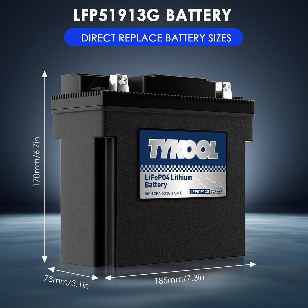 TYKOOL LFP51913G Lithium Motorcycle Battery, Replaces 51913 YT19BL-BS 51814, 420CCA 7Ah, Fits for BMW R1100GS R1100RT R850R K75RT K1200RS Moto Guzzi California 1100, IP66, LCD Monitor [- +]