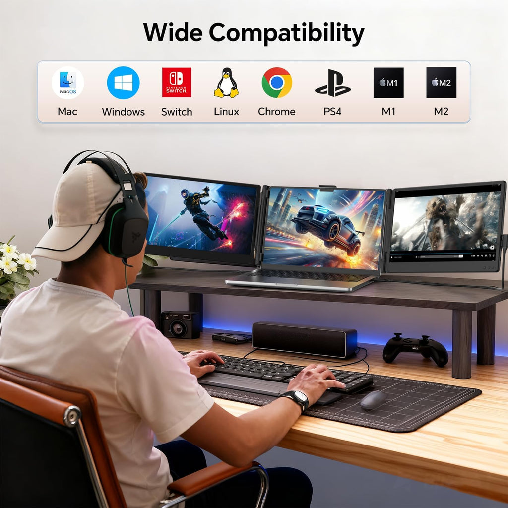 Laptop Screen Extender, 14'' FHD 1080P IPS Portable Monitor for Laptop, Triple Screen Extender Monitor Plug-Play for Mac/Windows/Chrome, Fit 13'-17.3' Laptops