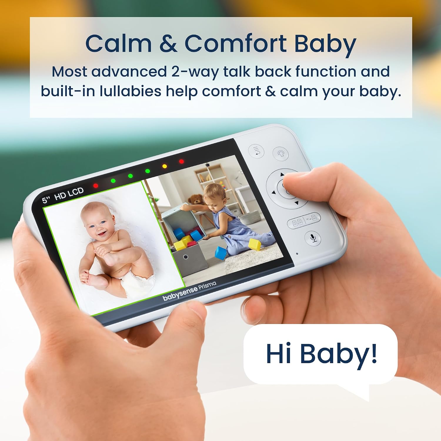 Babysense Prisma Baby Monitor with Camera and Audio, 5' HD Video Baby Monitor, 6-Color Night Light, Split Screen, Baby Sound Machine with White Noise & Lullabies, Secure No WiFi