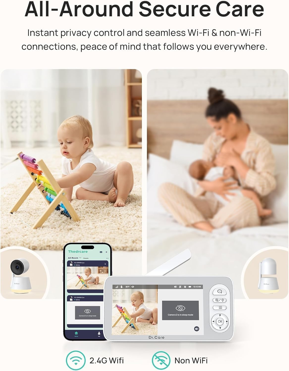 Dr.Care LumiView Plus Smart WiFi Baby Monitor with 2 Cameras - 5.5' 1080P Split Screen & 2K Camera, Privacy Mode, Cry & Motion Alerts, 5000mAh Removable Battery, RGB Night Light, HD Night Vision