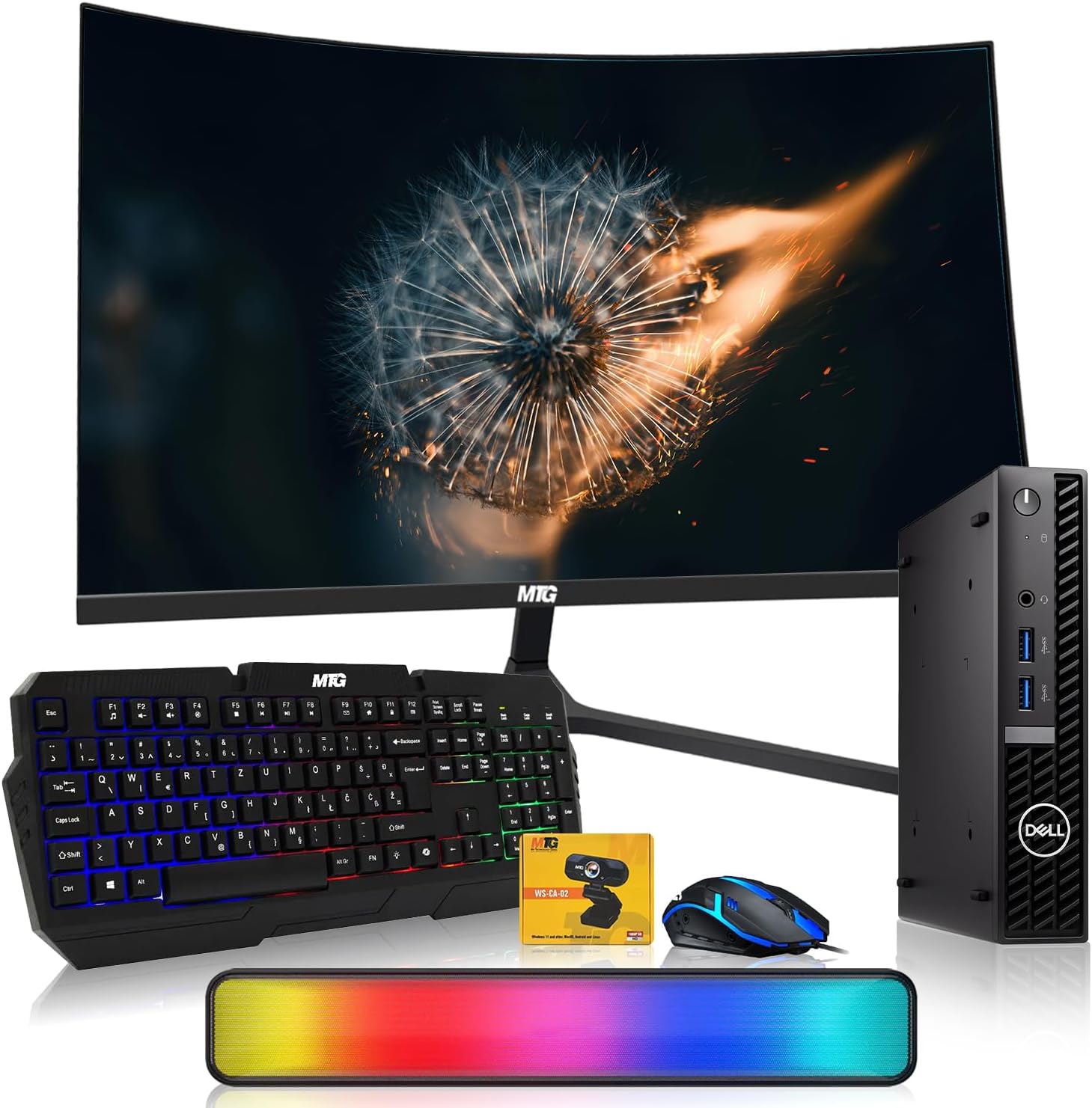 Dell Optiplex Tiny Mini Desktop PC, Intel Core i5, 32GB RAM, 1TB SSD with 32 inch Curved Monitor, AI Enabled RGB Keyboard Mouse, RGB Soundbar and Webcam Windows 11 Pro (Renewed)