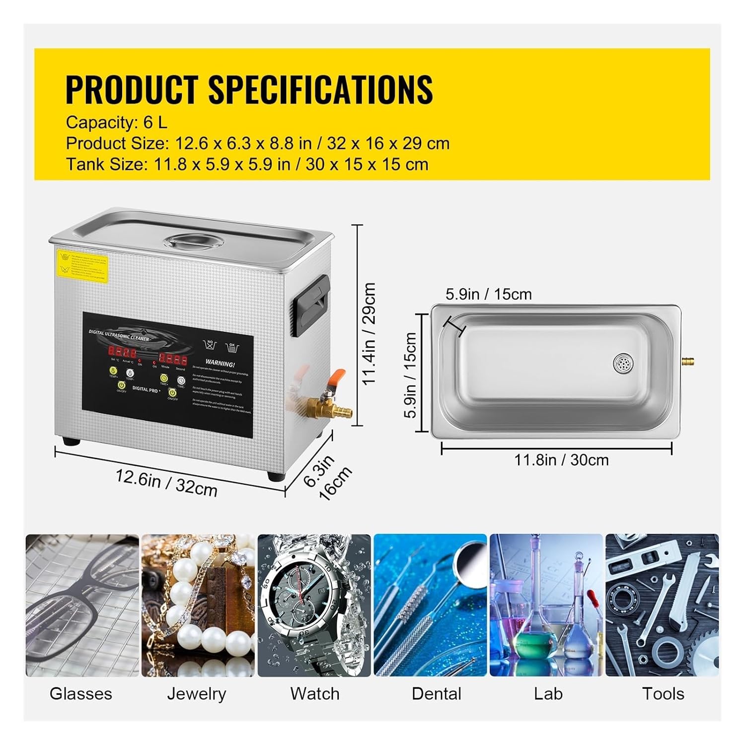 2L 3L 6L 10L 15L Ultrasonic Cleaner 40KH Powerful Transducer Mini Portable Washing Machine Ultrasound Dishwasher Jewelry(6 L Capacity)