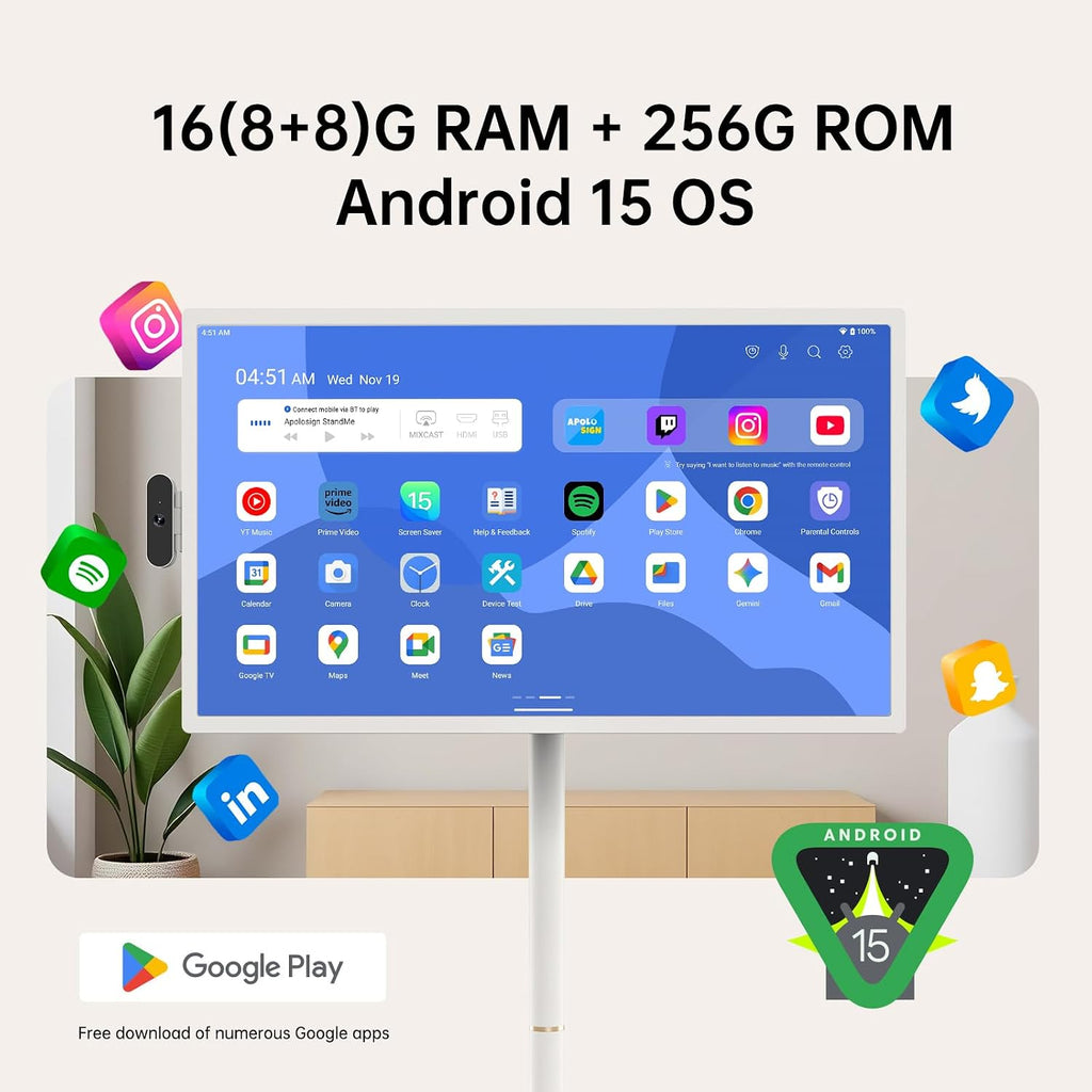 ApoloSign 32 inch UHD 4K Smart Portable TV Gen2, 16G +256G Storage, Android 15 OS, 15000mAh, Rolling TV on Wheels with Rotatable Touch Screen, Built-in Battery, Full Swivel Rotation, Voice Remote