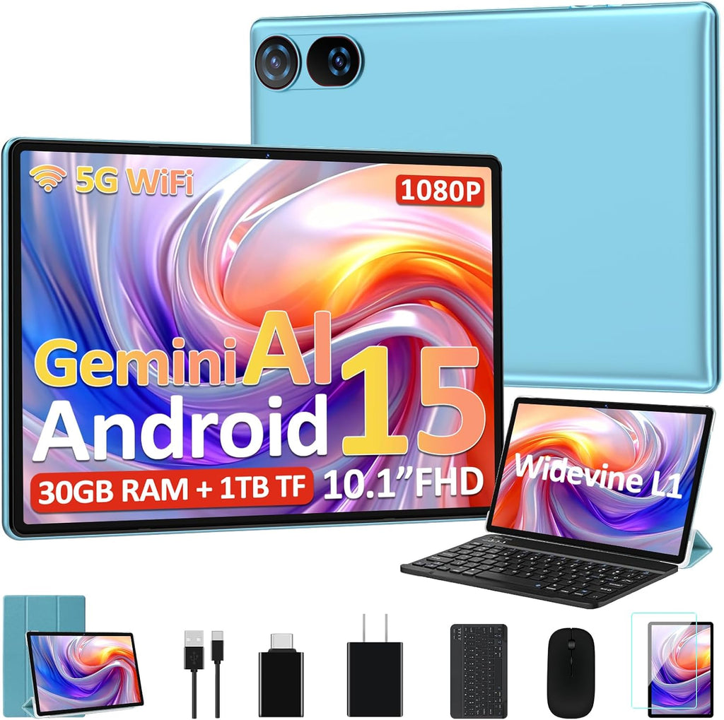 DMOAO Tablet, 2026 Android 15 Tablet with Gemini AI, 10.1 Inch FHD Display, 30GB RAM 64GB ROM /1TB TF, 6000mAh Battery, Octa-Core 2.0GHz, Widevine L1, 2 in 1 Tablets with Keyboard Mouse(Blue)