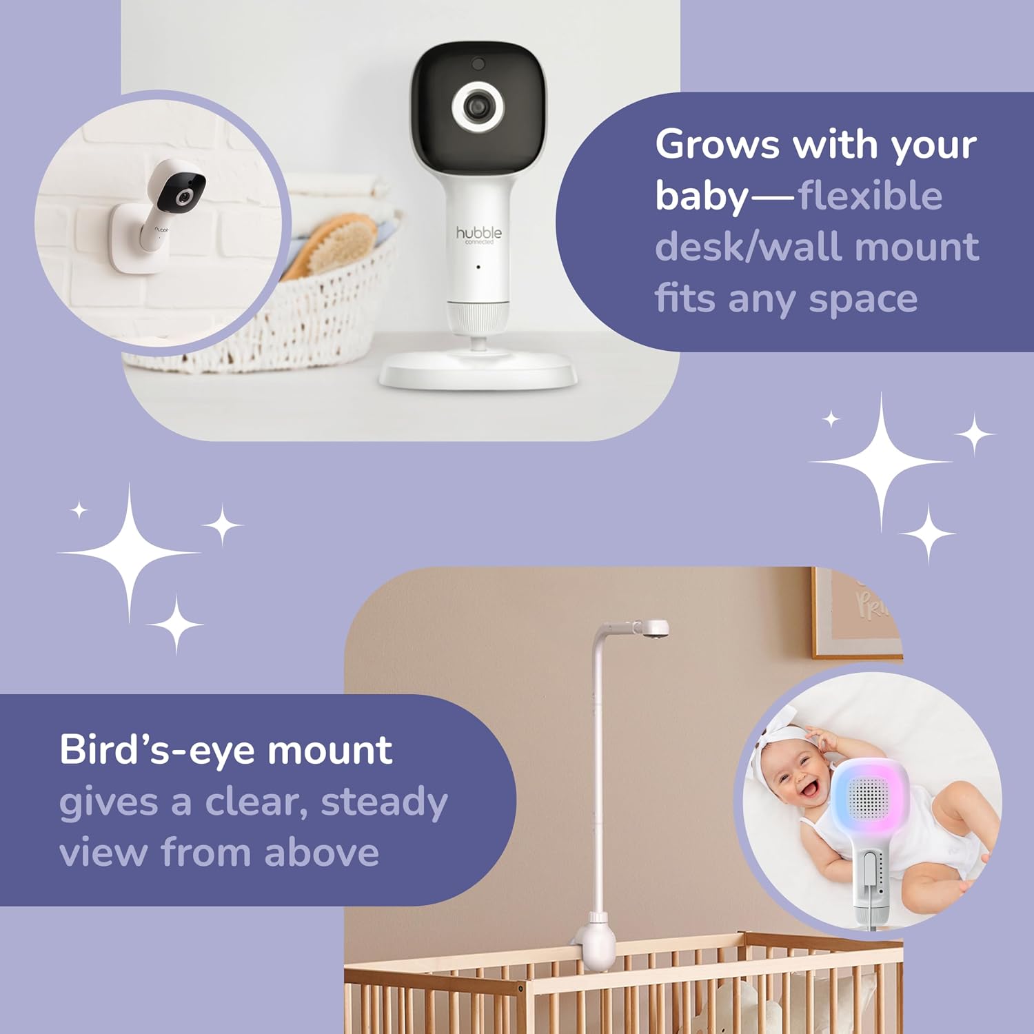 HUBBLE CONNECTED SkyVision AI Pro Baby Monitor — Baby Camera Monitor w/Covered Face, Rollover & True Cry Detection, Sleep Trainer, Soother & More — w/Touch Screen HD Parent Unit, Crib Mount System