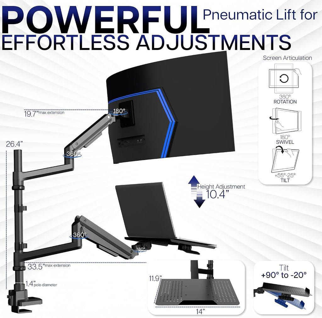 VIVO Pneumatic Arm Ultrawide Monitor Extra Tall Desk Mount for Up to 49 inch Screens and Laptop Tray for Up to 17 inch Notebooks, Holds Ultra-Wides Up to 44 lbs, Black, STAND-V120K-L