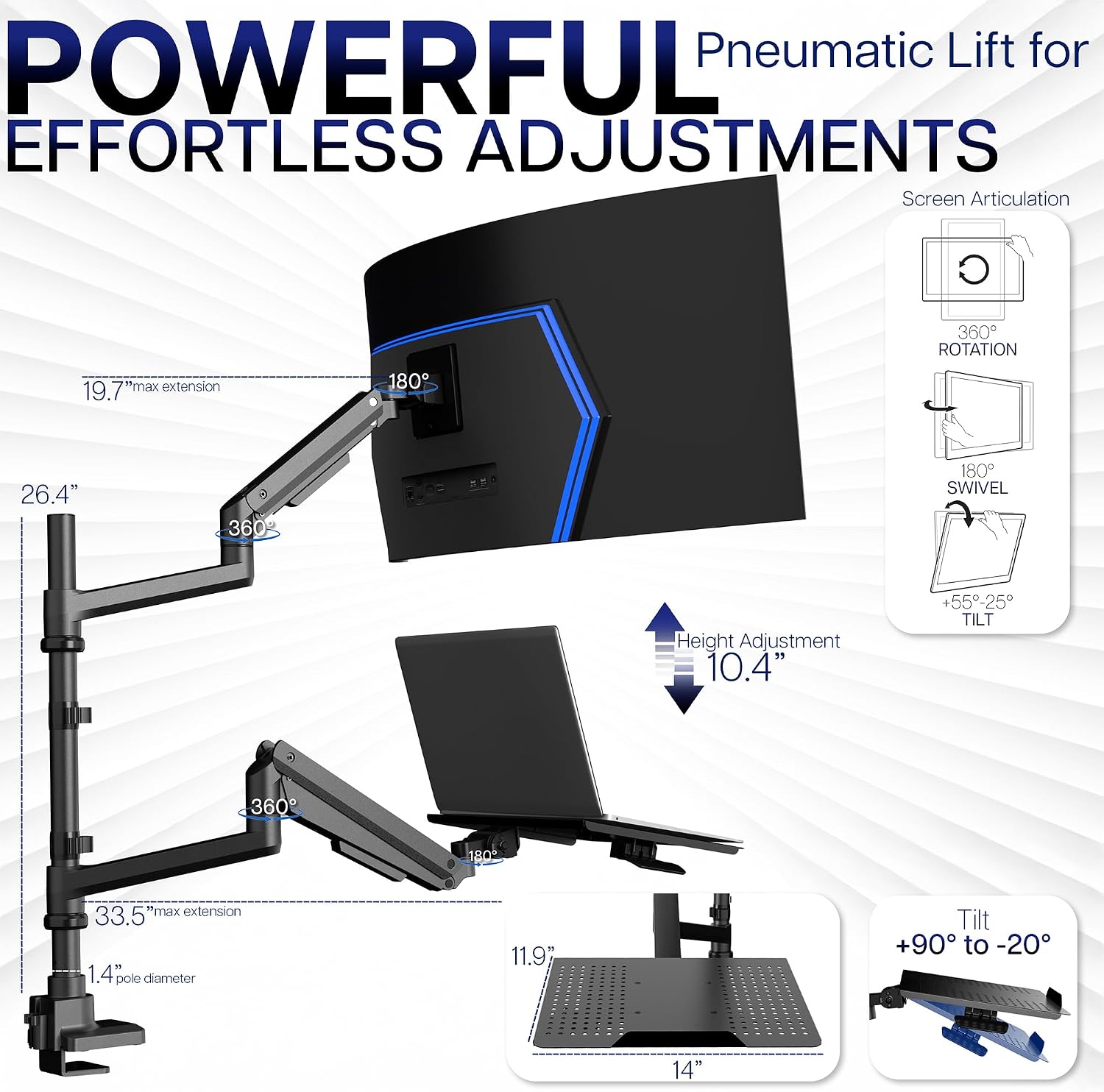 VIVO Pneumatic Arm Ultrawide Monitor Extra Tall Desk Mount for Up to 49 inch Screens and Laptop Tray for Up to 17 inch Notebooks, Holds Ultra-Wides Up to 44 lbs, Black, STAND-V120K-L