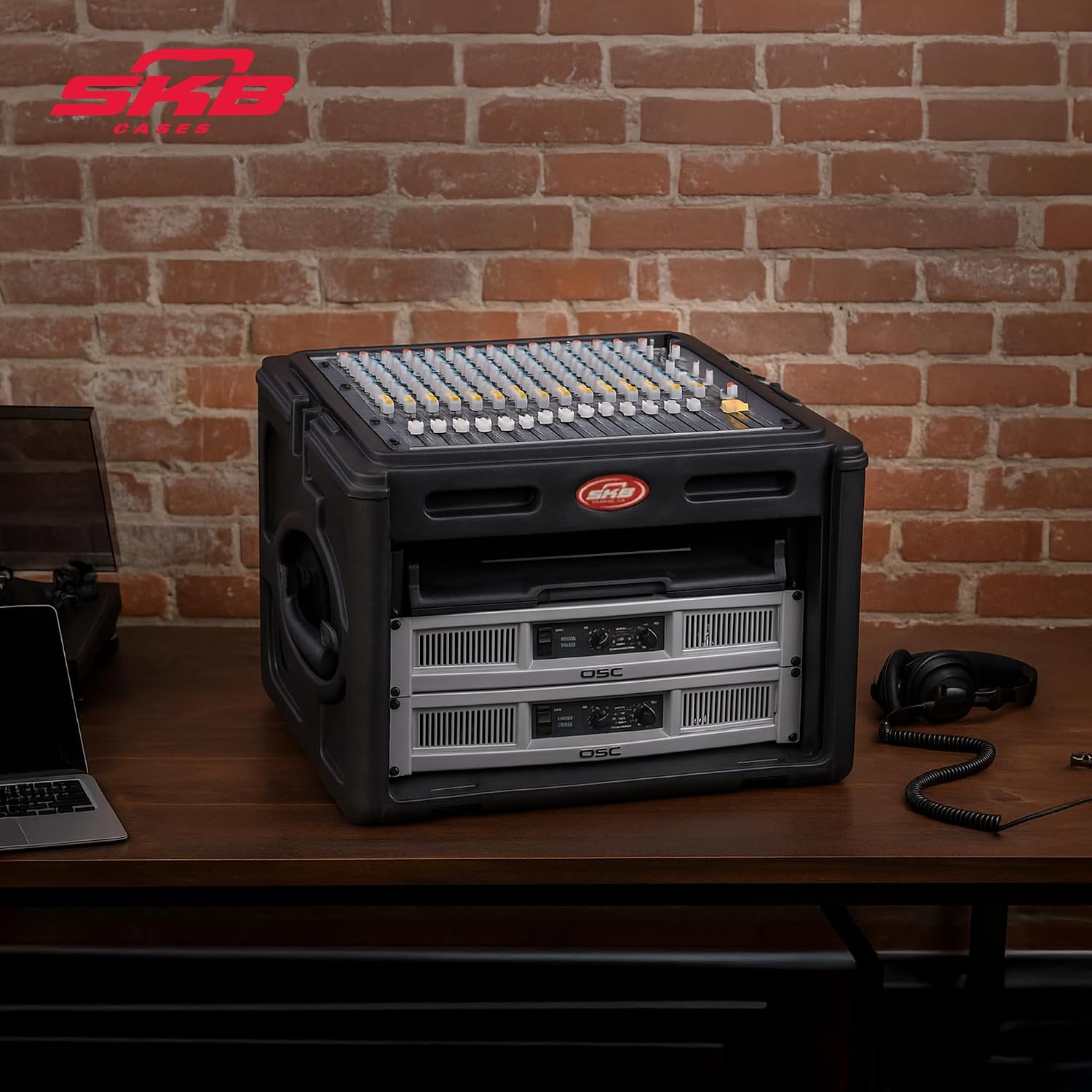 SKB Roto Rack/Mixer Console, 10U Slanted Rackmount on top, 6U Rackmount in Front with Steel Threaded Rails, Hard Lid and Doors and Side Access Ports