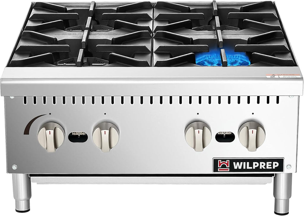 WILPREP Countertop Gas Range, 4 Burner Countertop Gas Stove with 100,000 BTU, 24' Propane with Natural Conversion Kit Grates, Stainless Steel Commercial for Restaurant Kitchen
