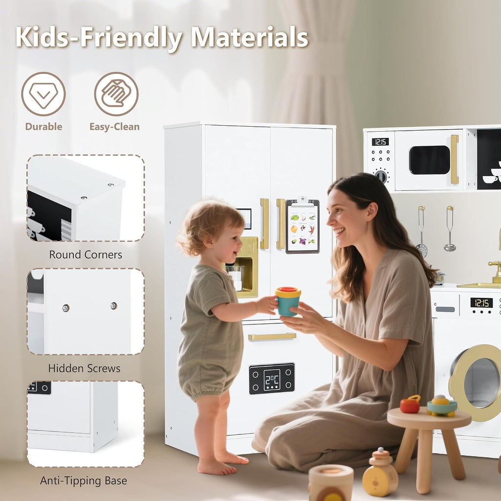 Kinder King Wooden Kids Play Kitchen, Toy Kitchen Playset for Toddler, Play Kitchen Set w/Transparent Coloring Board, Pretend Fridge, Washing Machine, Ice Maker, Gift for Boys Girls Age 3+, White