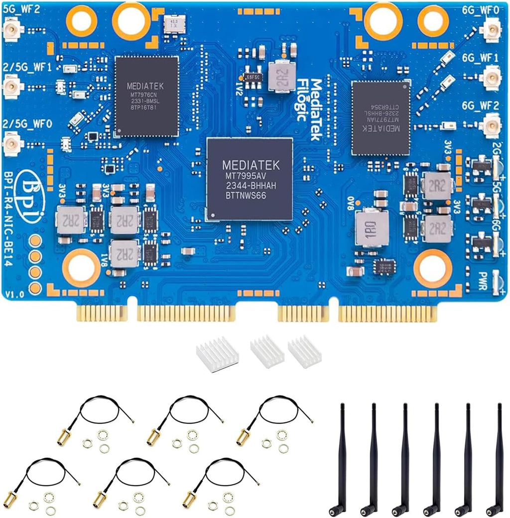 Banana Pi BPI-R4 NIC BE14 WiFi 7 Module for BPI-R4 Wireless Tri-Band WiFi Router Board OpenWRT, MediaTek MT7995AV CPU 32 bits RISC-V MCU, with 6X 2G/5G/6GHz WiFi Antenna (WiFi7 NIC Module)