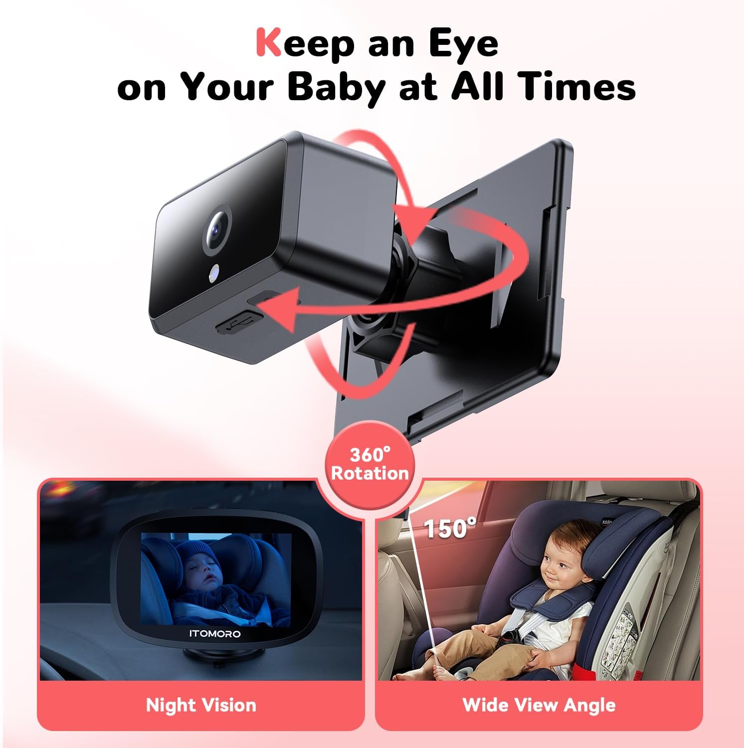 Itomoro Wireless Dual Baby Car Camera for 2 Kids, 5'' Rechargeable Split Screen HD Display with 2 Cameras, Car Monitor for Baby Max Range 1000FT, IR Night Vision, 360° Rotatable Rear Facing Mirrors