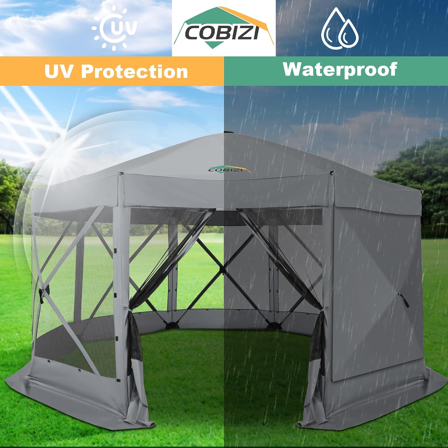 COBIZI 15x15 FT Pop Up Gazebo - Canopy Tent, Large Gazebos On Clearance with Sidewalls, Screened in Gazebo,carpas para Patio,Portable Screen Tents for 12-15 Persons Outdoor Camping, Backyard, Gray