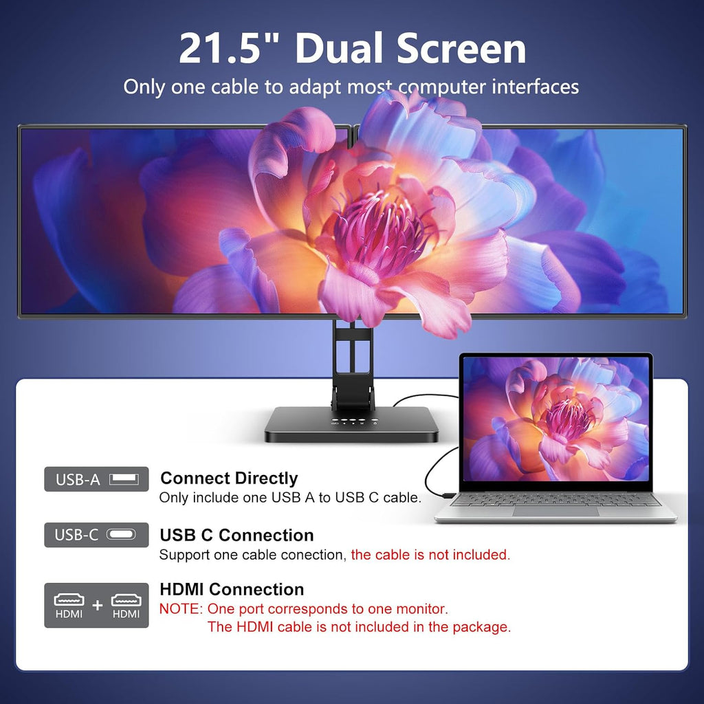 DEPGI 21' Laptop Screen Extender, Freestanding Laptop Screen Extender, 2x21 FHD IPS Extended Monitor Versatile Dual & One-Click Mirror Modes for All 13-17' Laptops (Mac/Windows/M1-M3 Compatible)