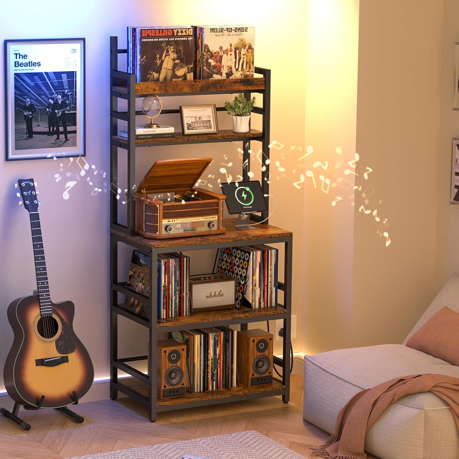 ikkle Record Player Stand with Vinyl Storage Shelf & CD/DVD Rack, 5-Tier Record Player Table w/Charging Station, Turntable Stand Vinyl Record Organizer for Living Room Bedroom, Holds Up 500+ Albums
