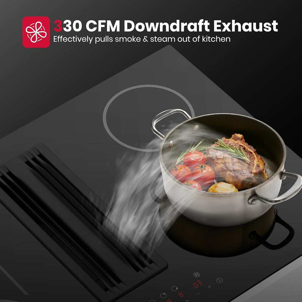 GASLAND 31.5 Inch Electric Cooktop with Downdraft Exhaust, 4 Burners 80cm Glass Radiant Stovetop 220V, 3-speed Max. 330 CFM Downdraft Vent